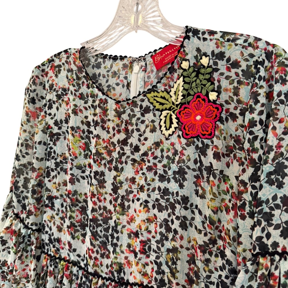 Bhanuna Anthropologie Floral Bell Sleeve Mini Dress Women's 0 Blue Boho Feminine - Picture 6 of 15